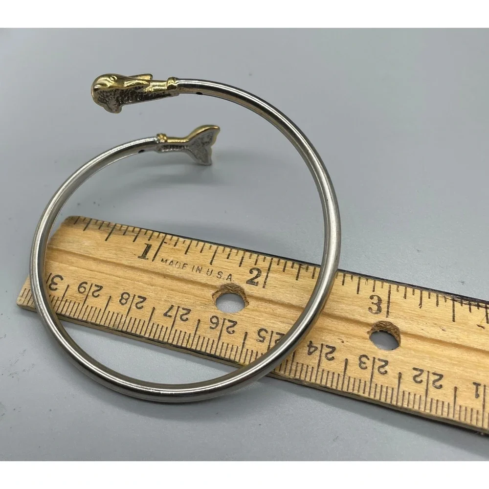 Vintage Two Tone Dolphin Bypass Cuff Bracelet Silver Gold Tone Nautical Jewelry